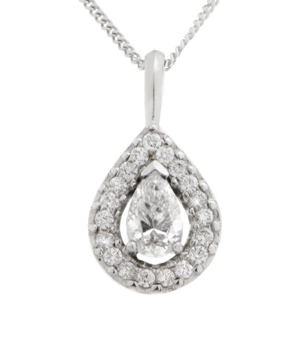 A classic pear shape cut diamond drop pendant with a halo of round brilliant cut diamonds & single bail loop gold platinum chain