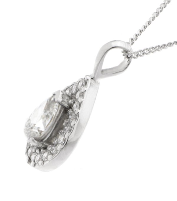 A classic pear shape cut diamond drop pendant with a halo of round brilliant cut diamonds & single bail loop gold platinum chain