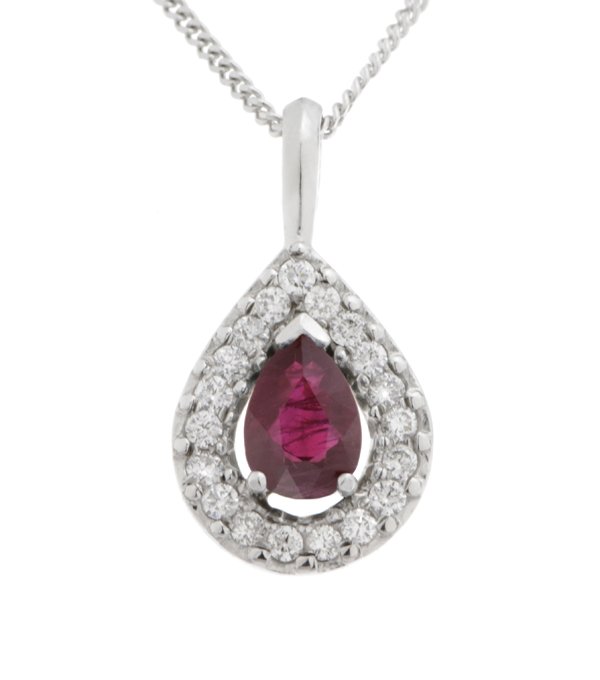 A classic pear shape cut ruby drop pendant with a halo of round brilliant cut diamonds & single bail loop gold platinum chain