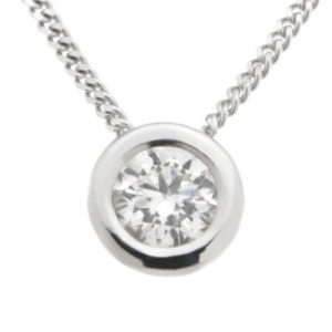 classic floating style rubover set modern contemporary solitaire pendant round brilliant cut diamond chain feeds through the back setting loop gold platinum chain