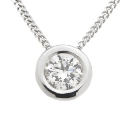 classic floating style rubover set modern contemporary solitaire pendant round brilliant cut diamond chain feeds through the back setting loop gold platinum chain