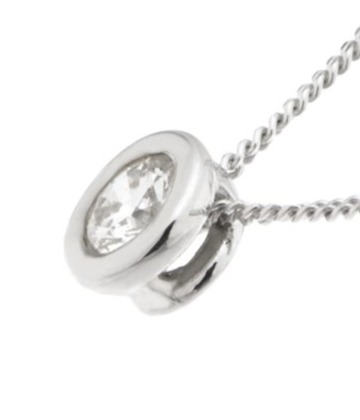 classic floating style rubover set modern contemporary solitaire pendant round brilliant cut diamond chain feeds through the back setting loop gold platinum chain