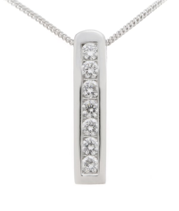 A modernist, contemporary style stick pendant with seven channel set round brilliant cut diamonds, a hidden chain loop. designer modern gold platinum chain
