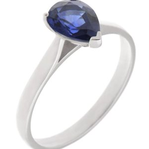 Modern classic solitaire ring pear shape tear drop cut blue sapphire engagement tapered shoulders claw setting gold platinum