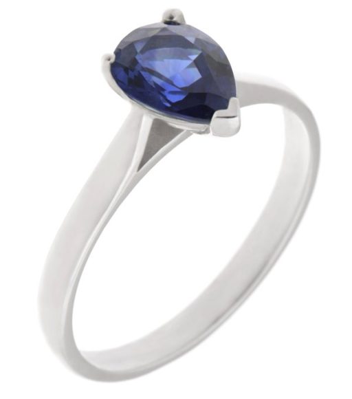 Modern classic solitaire ring pear shape tear drop cut blue sapphire engagement tapered shoulders claw setting gold platinum