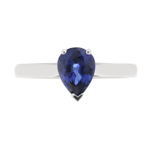 Modern classic solitaire ring pear shape tear drop cut blue sapphire engagement tapered shoulders claw setting gold platinum