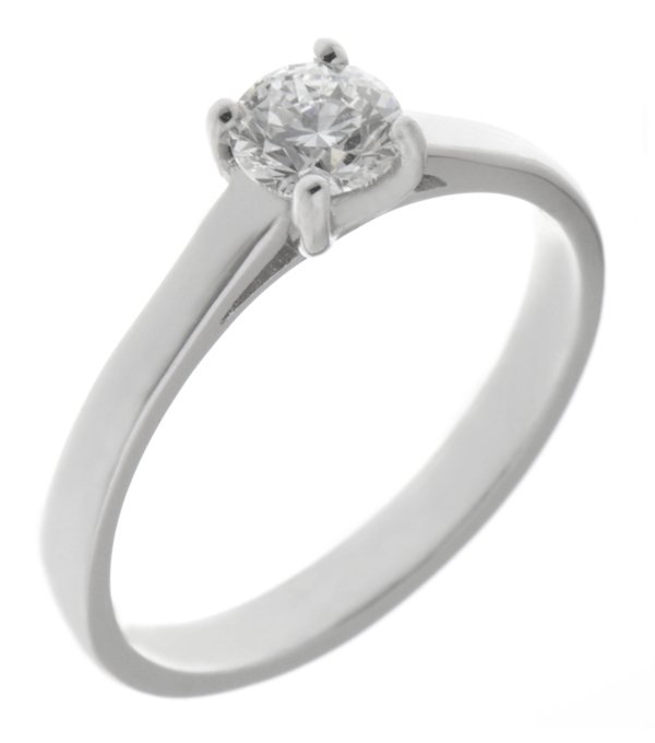 classic engagement ring round brilliant cut diamond U shape four claw setting flat shoulders 18ct gold yellow white red platinum