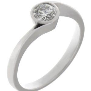 modern classic crossover style engagement dress ring solitaire round brilliant cut diamond rubover setting platinum gold