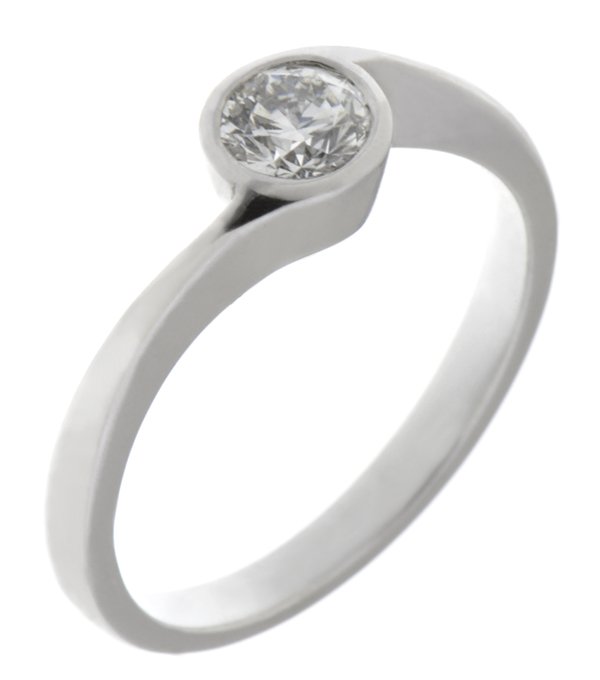 modern classic crossover style engagement dress ring solitaire round brilliant cut diamond rubover setting platinum gold