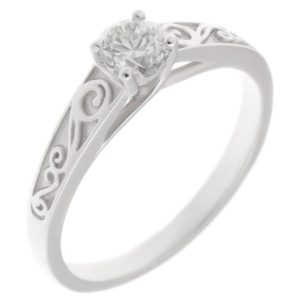 classic round brilliant cut diamond solitaire engagement dress ring scroll engraved shoulders