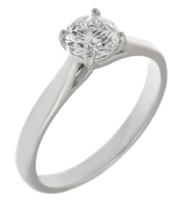 round brilliant cut diamond modern classic solitaire engagement ring kiss style crossover 4 four claw setting contemporary platinum gold