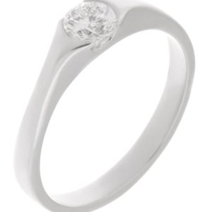 modernist design ring with semi-rubover set round brilliant cut solitaire diamond engagement ring court shape shoulders platinum gold
