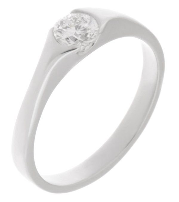 modernist design ring with semi-rubover set round brilliant cut solitaire diamond engagement ring court shape shoulders platinum gold