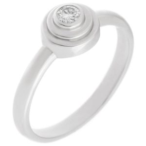 Art Deco Style Round Brilliant Cut Diamond Solitaire engagement Ring With A Stepped Metal Halo platinum gold