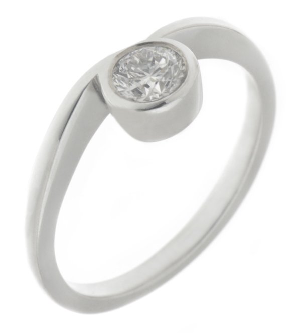 contemporary ribbon style crossover engagement ring set with a round brilliant cut solitaire diamond platinum gold