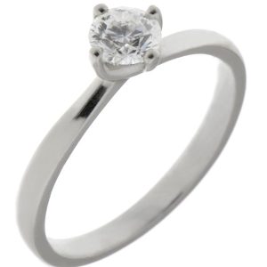 elegant four claw compass set round brilliant cut diamond solitaire engagement ring with a twist style setting. Platinum gold