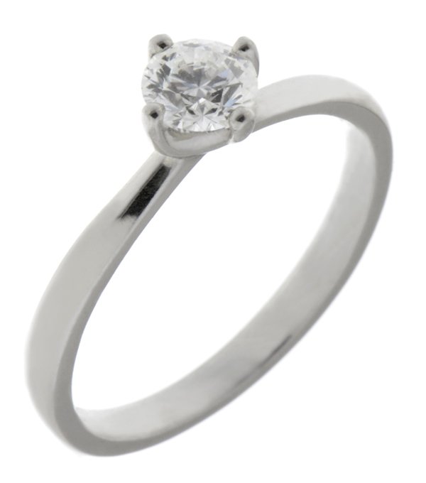 elegant four claw compass set round brilliant cut diamond solitaire engagement ring with a twist style setting. Platinum gold