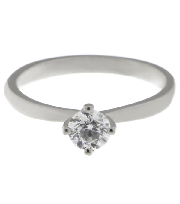 elegant four claw compass set round brilliant cut diamond solitaire engagement ring with a twist style setting. Platinum gold