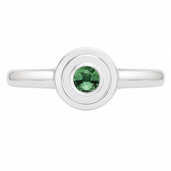 Empire Art Deco Style Round green emerald Solitaire engagement Ring step Stepped Halo design modernist modern platinum gold
