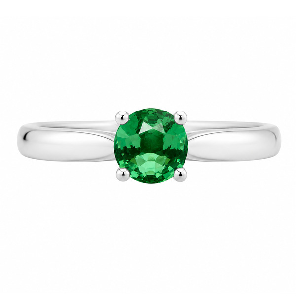 round green emerald classic solitaire engagement ring kiss style crossover setting modern contemporary platinum gold 4 claw
