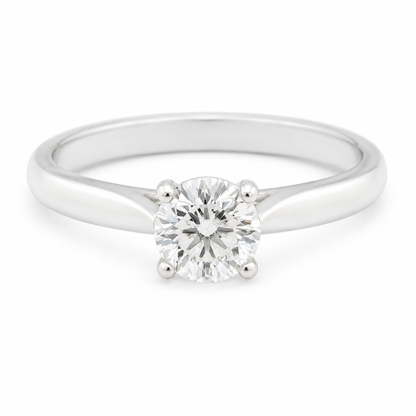 round brilliant cut diamond classic solitaire engagement ring kiss style crossover modern contemporary platinum gold 4 claw