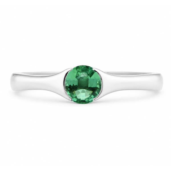 modernist design modern ring semi-rubover set round emerald solitaire engagement ring court shape shoulders contemporary platinum gold