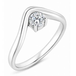 Modernist wishbone style modern curved ring round brilliant cut solitaire diamond engagement design platinum gold