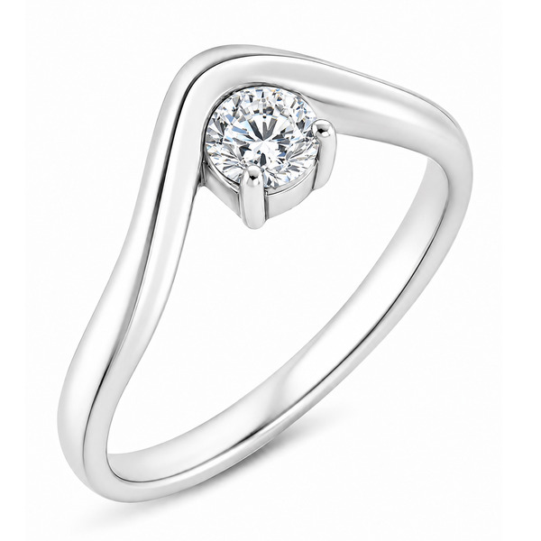 Modernist wishbone style modern curved ring round brilliant cut solitaire diamond engagement design platinum gold