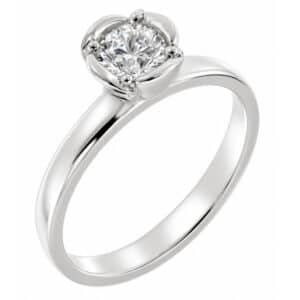 Round brilliant cut diamond solitaire engagement ring halo rose petal organic design floral style platinum gold yellow white