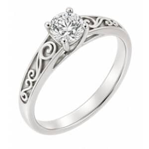 classic round brilliant cut diamond solitaire engagement dress ring scroll engraved shoulders platinum gold