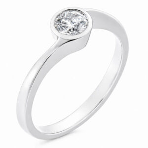 modern classic crossover style engagement dress ring solitaire round brilliant cut diamond rubover setting platinum gold