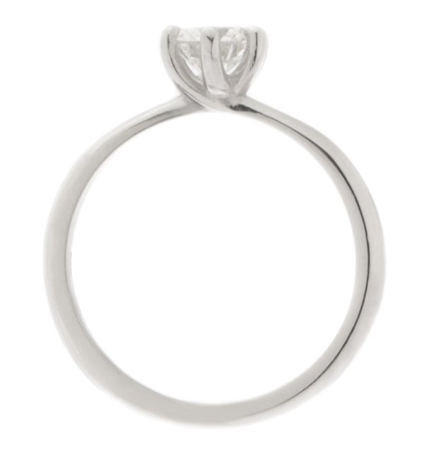 An elegant six claw set round brilliant cut diamond solitaire engagement ring with a twist style to the setting.