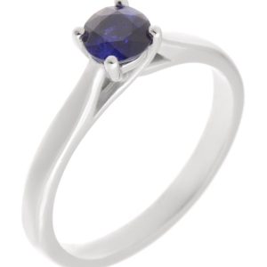round blue sapphire classic solitaire engagement ring kiss style crossover setting modern contemporary platinum gold 4 claw