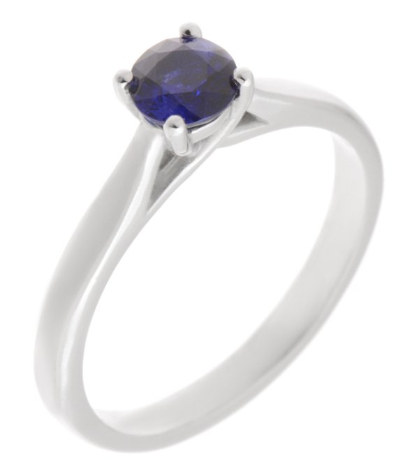 round blue sapphire classic solitaire engagement ring kiss style crossover setting modern contemporary platinum gold 4 claw
