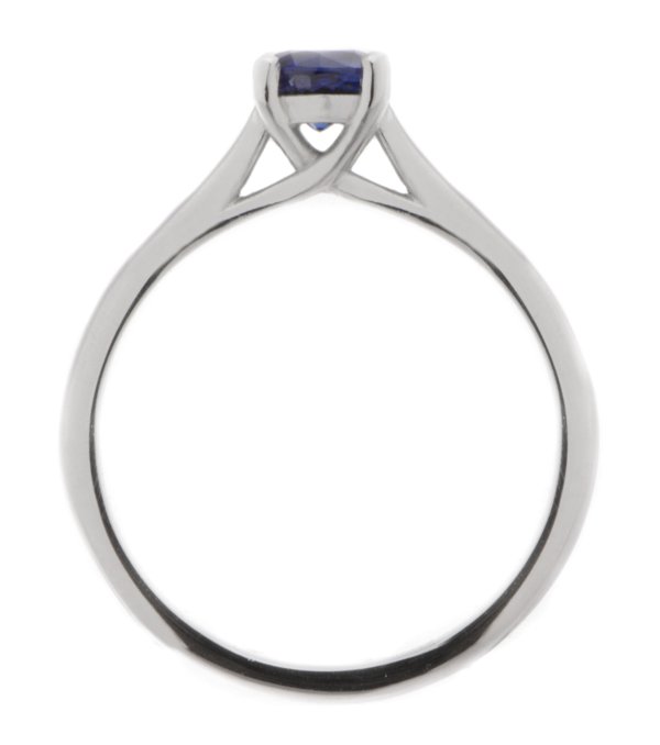 round blue sapphire classic solitaire engagement ring kiss style crossover setting modern contemporary platinum gold 4 claw
