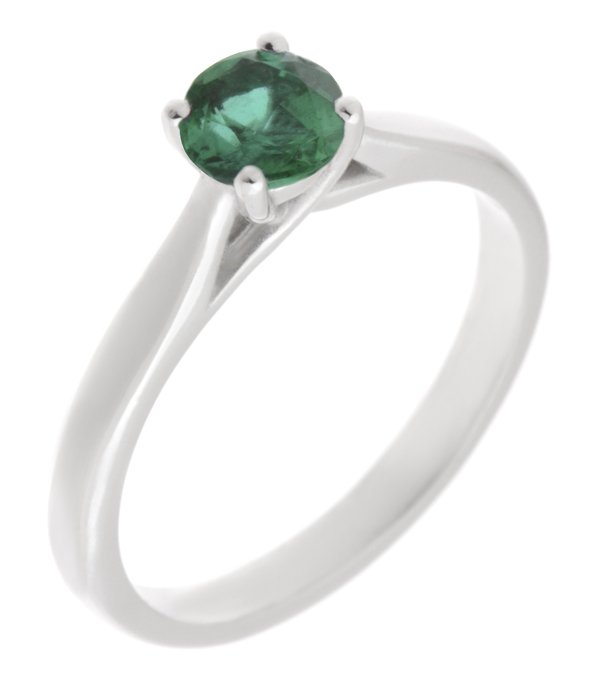 round green emerald classic solitaire engagement ring kiss style crossover setting modern contemporary platinum gold 4 claw