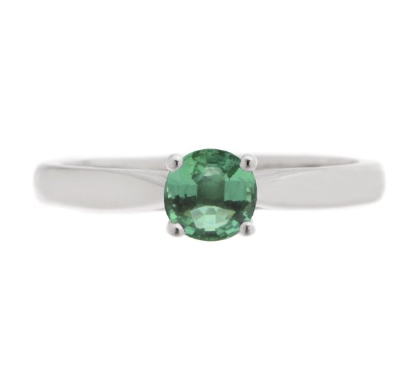 round green emerald classic solitaire engagement ring kiss style crossover setting modern contemporary platinum gold 4 claw