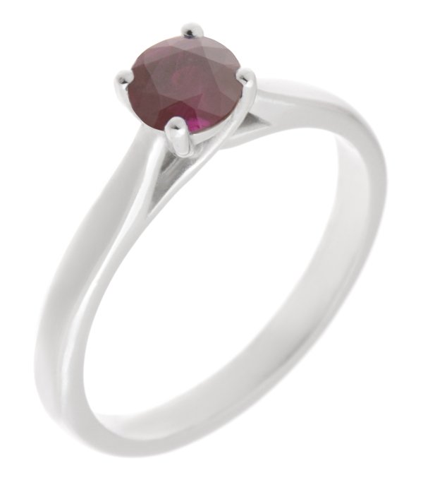 round ruby classic solitaire engagement ring kiss style crossover setting modern contemporary platinum gold 4 claw