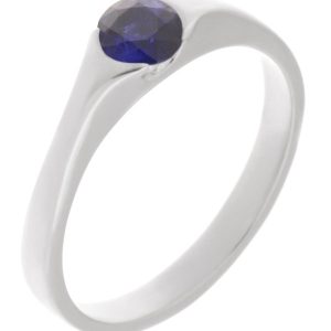 modernist design modern ring semi-rubover set round blue sapphire solitaire engagement ring court shape shoulders contemporary platinum gold
