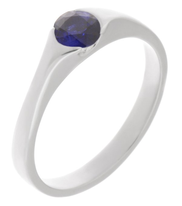 modernist design modern ring semi-rubover set round blue sapphire solitaire engagement ring court shape shoulders contemporary platinum gold