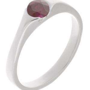 modernist design modern ring semi-rubover set round ruby solitaire engagement ring court shape shoulders contemporary platinum gold