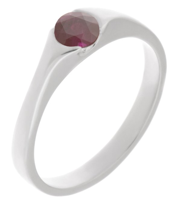 modernist design modern ring semi-rubover set round ruby solitaire engagement ring court shape shoulders contemporary platinum gold