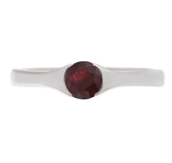 modernist design modern ring semi-rubover set round ruby solitaire engagement ring court shape shoulders contemporary platinum gold