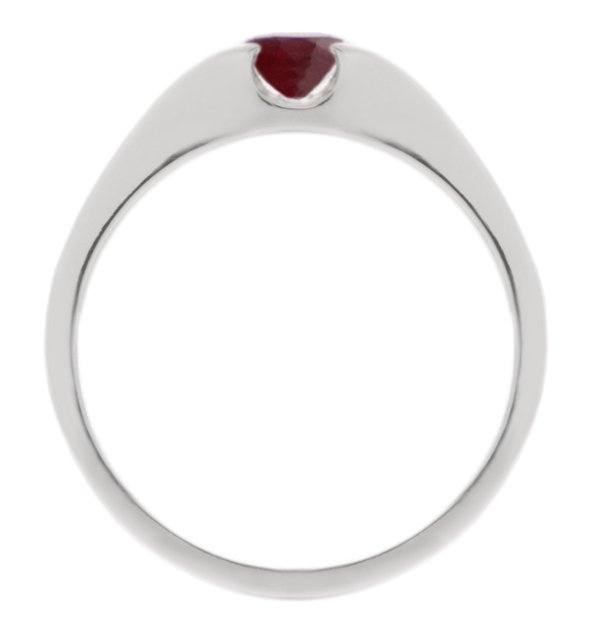 modernist design modern ring semi-rubover set round ruby solitaire engagement ring court shape shoulders contemporary platinum gold