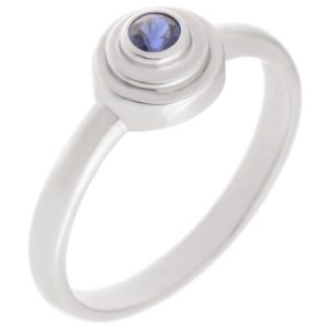 Empire Art Deco Style Round blue sapphire Solitaire engagement Ring step Stepped plain Metal Halo surround design modernist modern platinum gold