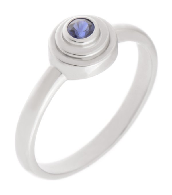 Empire Art Deco Style Round blue sapphire Solitaire engagement Ring step Stepped plain Metal Halo surround design modernist modern platinum gold