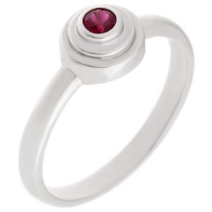 Empire Art Deco Style Round ruby Solitaire engagement Ring step Stepped plain Metal Halo surround design modernist modern platinum gold