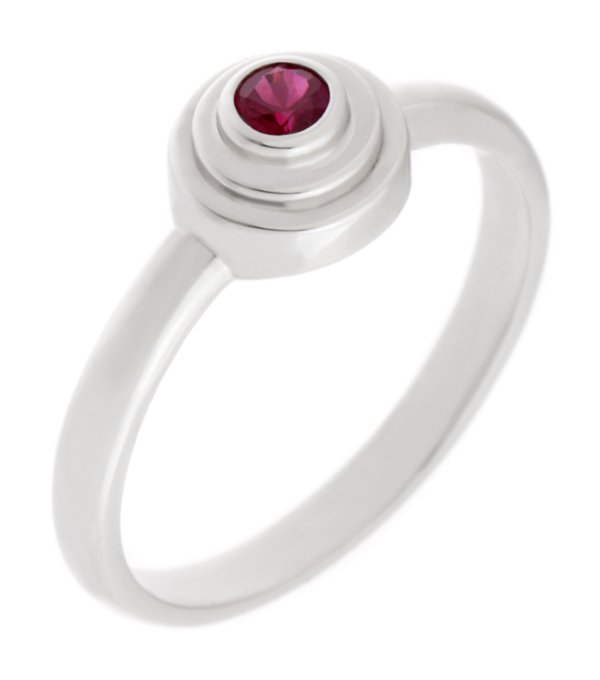 Empire Art Deco Style Round ruby Solitaire engagement Ring step Stepped plain Metal Halo surround design modernist modern platinum gold