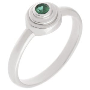 Empire Art Deco Style Round green emerald Solitaire engagement Ring step Stepped plain Metal Halo surround design modernist modern platinum gold