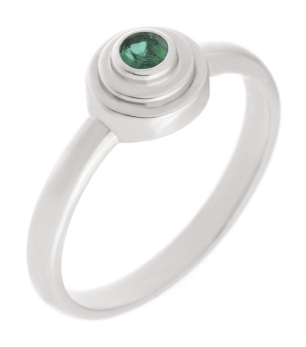 Empire Art Deco Style Round green emerald Solitaire engagement Ring step Stepped plain Metal Halo surround design modernist modern platinum gold